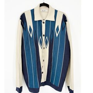 GRACE KARIN Mens 2XL Cream & Blue Striped Diamonds Sweater Cardigan Polo Sweater